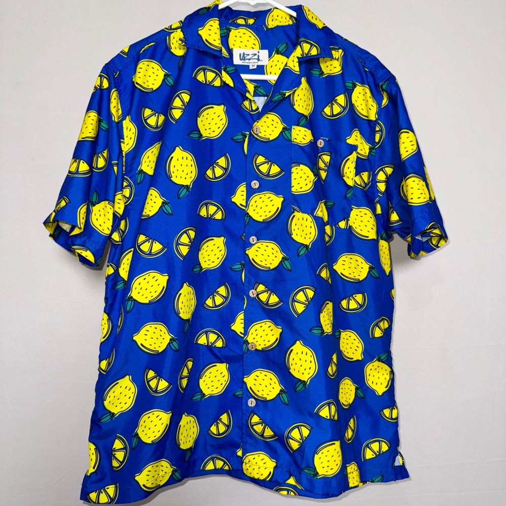Uzzi Amphibious Gear Mens Lemon Print Button Down Shirt Blue Yellow Medium HP74